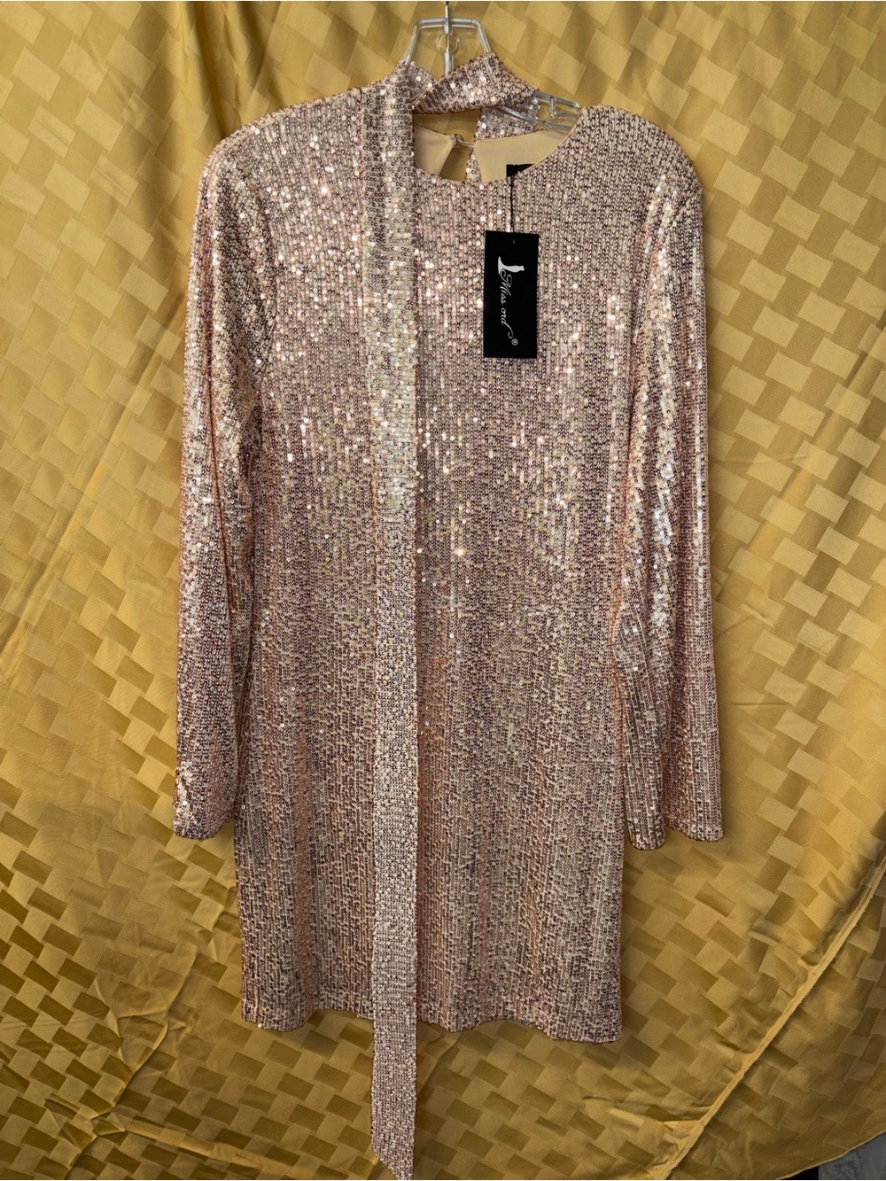 Long-Sleeve Sequin Shift Dress with Neck Tie - Rose Gold